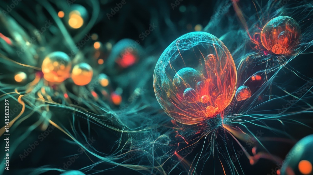 Abstract Composition with Glowing Spheres and Web-like Structures Abstract Composition with Glowing Spheres and Web-like Structures
