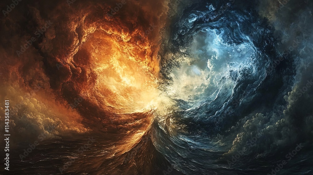 Fototapeta premium Dramatic Split Between Fiery Red and Cool Blue Oceans Under Turbulent Sky with Swirling Clouds and Chaotic Waves Capturing Nature's Duality and Intensity