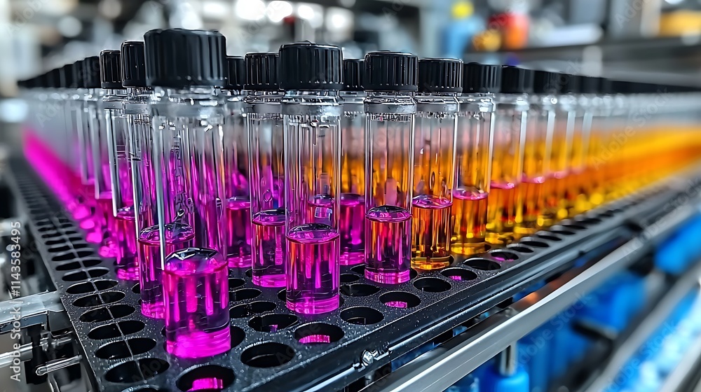 Colorful liquid samples in test tubes on a laboratory rack Colorful liquid samples in test tubes on a laboratory rack