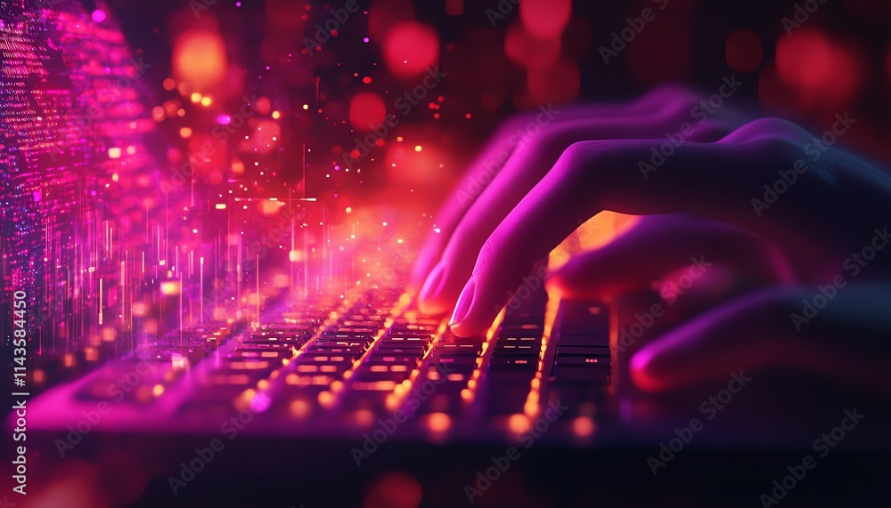 A closeup of a hand typing on a sleek keyboard, digital glow and AIgenerated elements surrounding the scene, highlighting modern technology A closeup of a hand typing on a sleek keyboard, digital glow and AIgenerated elements surrounding the scene, highlighting modern technology