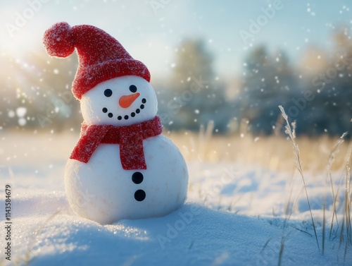 Festive Snowman with Red Accessories in Winter Landscape - Made with Generative AI photo