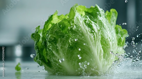 Fresh green lettuce head splashing in water. photo