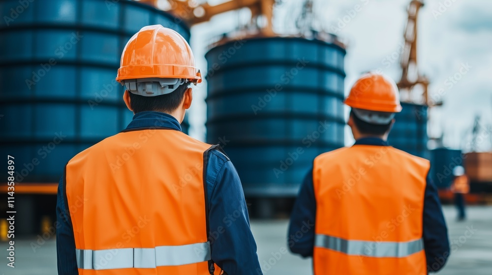 Workers in Safety Gear at Industrial Site Workers in Safety Gear at Industrial Site