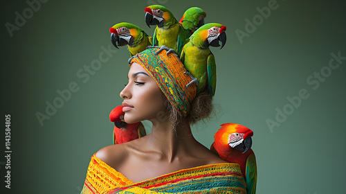 A woman wearing a colorful headdress with several parrots on it © ClicksdeMexico