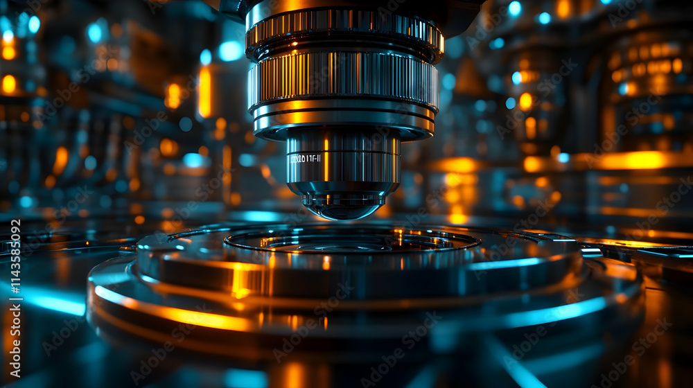 Close-up of futuristic metallic machinery with vibrant blue and orange lighting. Close-up of futuristic metallic machinery with vibrant blue and orange lighting.