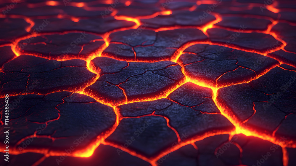 Close-up of glowing, cracked lava surface with intense heat. Close-up of glowing, cracked lava surface with intense heat.