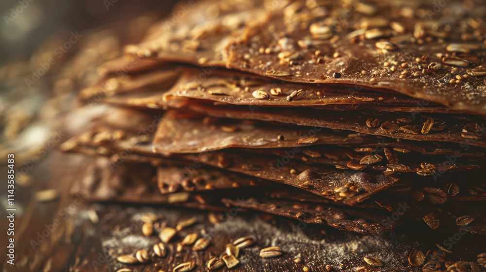 Stack of thinly sliced multigrain bread, seed texture, close-up with warm tones, earthy rustic background Stack of thinly sliced multigrain bread, seed texture, close-up with warm tones, earthy rustic background