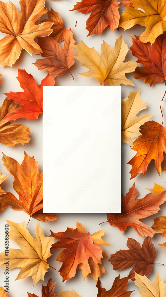 Obraz premium Blank card mockup surrounded by autumn leaves on white background for fall greeting card design.
