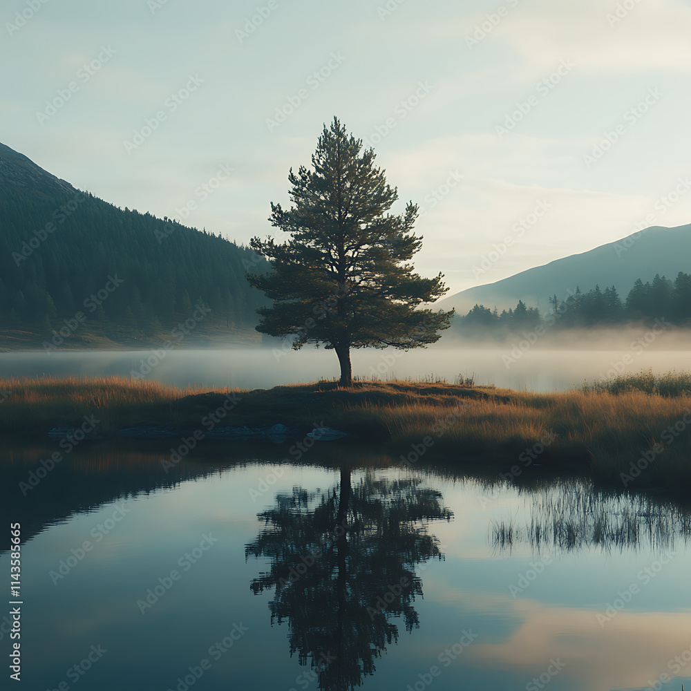 Fototapeta premium Serene Reflections of a Solitary Tree by a Calm Lake Surrounded by Misty Mountains Captures the Essence of Tranquil Nature in a Cinematic Setting