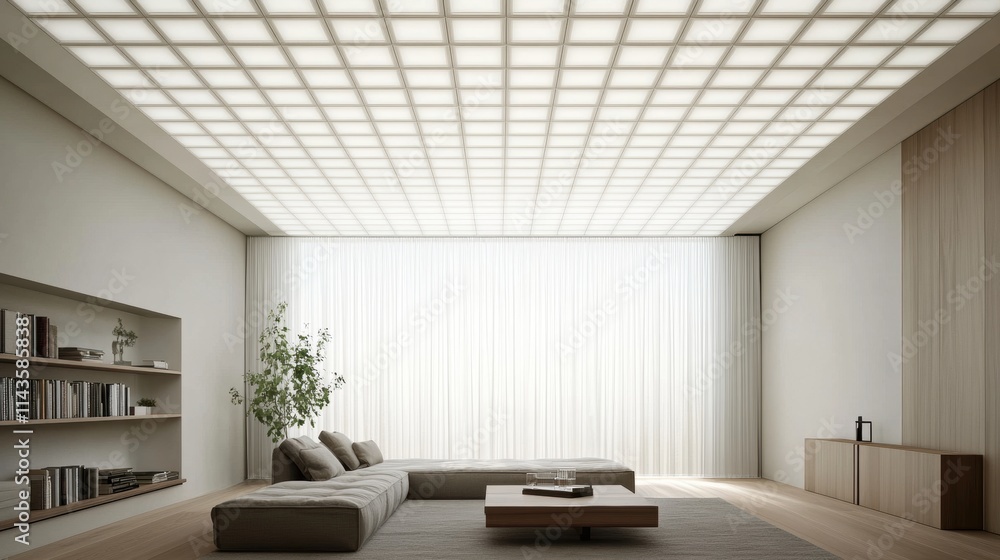 Fototapeta premium Modern minimalist living room with natural light and simple furnishings.