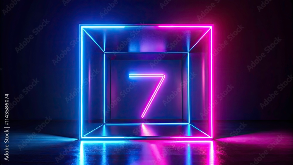Glowing Neon Number Seven Silhouette 3D Render - UV Light Digital Symbol Square Box Glowing Neon Number Seven Silhouette 3D Render - UV Light Digital Symbol Square Box