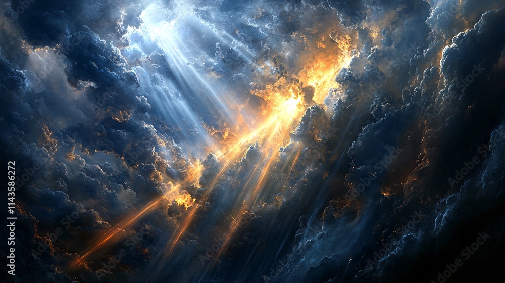 Fototapeta premium Dramatic Sky with Rays of Light Breaking Through Dark Storm Clouds Illuminating the Scene in a Captivating Display of Nature's Majesty
