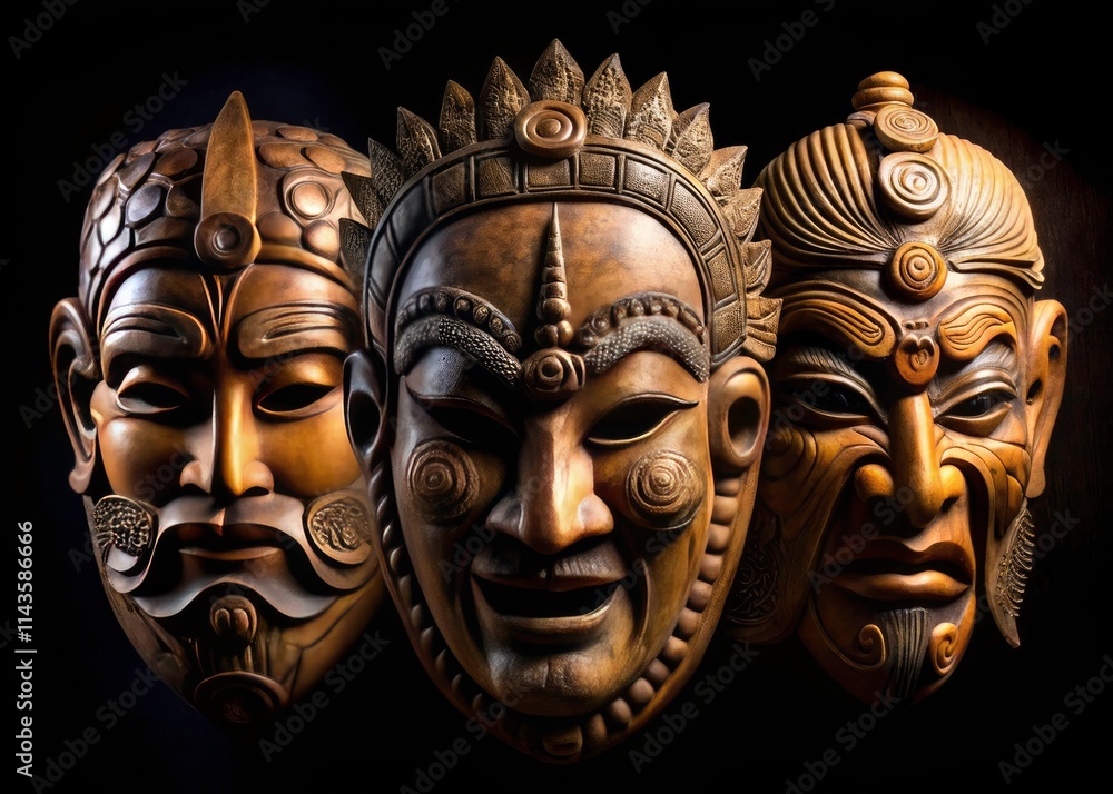 Intricate Carved Wooden Masks, Black Background, Art, Craft, Tribal Masks, African Masks, Mystery, Ancient, Ritual, Sculpture, Wood Carving Intricate Carved Wooden Masks, Black Background, Art, Craft, Tribal Masks, African Masks, Mystery, Ancient, Ritual, Sculpture, Wood Carving