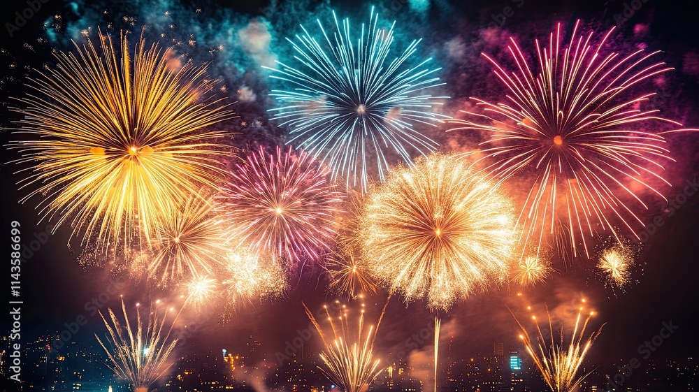 Naklejka premium Colorful Fireworks Display Over Cityscape, A vibrant fireworks display lighting up the night sky above a city, showcasing dazzling colors and festive celebration.