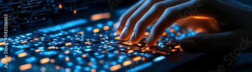 A hand typing swiftly on a glowing keyboard, surrounded by AIgenerated elements, representing the integration of human effort and artificial intelligence photo