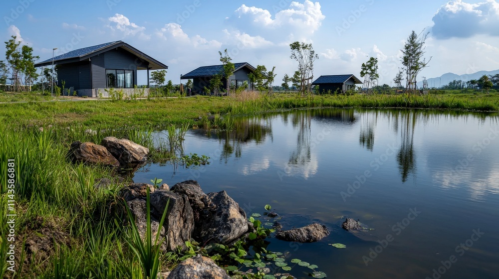 Sustainable buildings by a tranquil pond idyllic landscape nature photography modern architecture serene environment Sustainable buildings by a tranquil pond idyllic landscape nature photography modern architecture serene environment