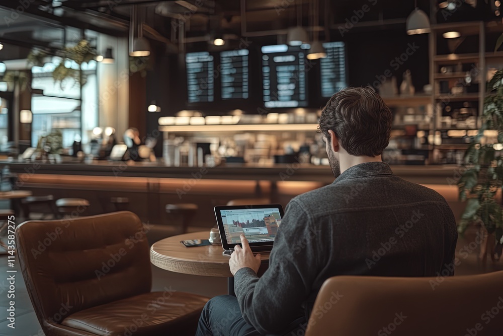 An entrepreneur seated in a café, reviewing financial success metrics on a tablet with exchange fund graphs and stock market index data. An entrepreneur seated in a café, reviewing financial success metrics on a tablet with exchange fund graphs and stock market index data.