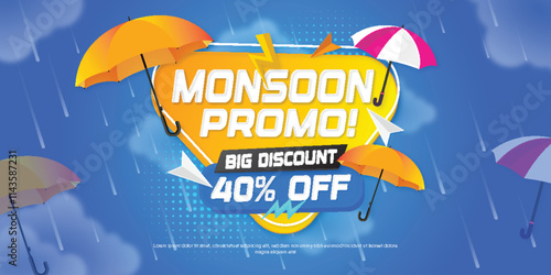 Flat horizontal banner template for monsoon season sale promo and discount
