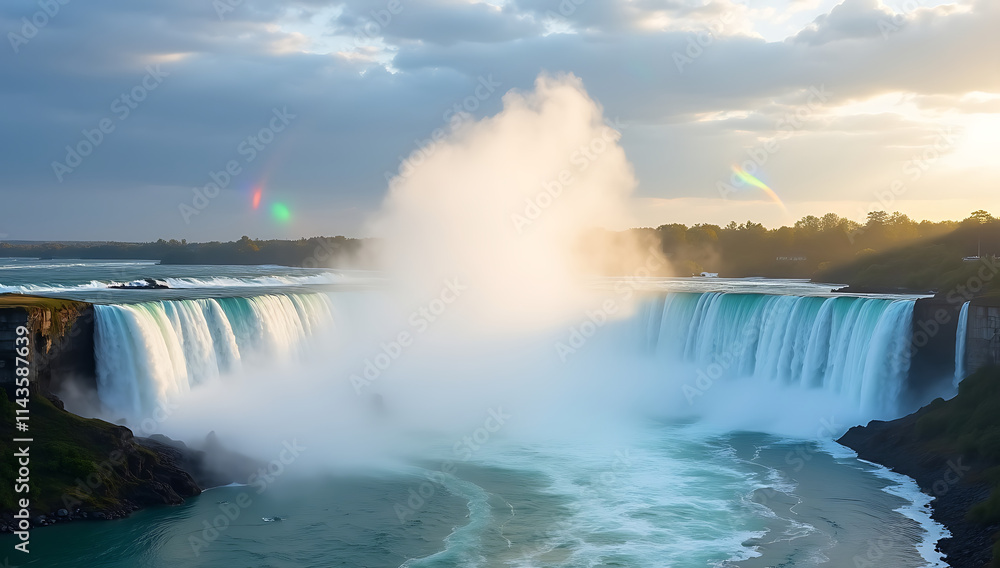 “Niagara Falls in Mist” – A powerful view of Niagara Falls surrounded by mist and rainbows, with cascading waters creating a dramatic natural spectacle.
“Niagara Falls in Mist” – A powerful view of Niagara Falls surrounded by mist and rainbows, with cascading waters creating a dramatic natural spectacle.