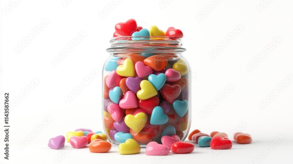 Colorful Heart Candies in Glass Jar, Sweet Valentine's Day Treat Colorful Heart Candies in Glass Jar, Sweet Valentine's Day Treat