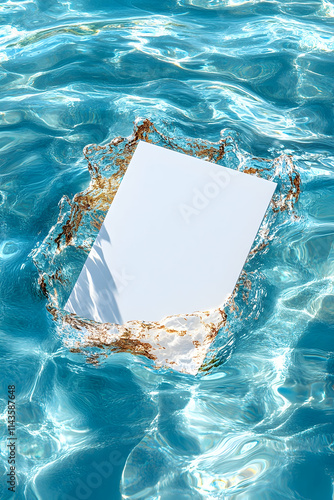 Blank Paper Floating on Pool Water, Summer Sun, Mockup, Design.