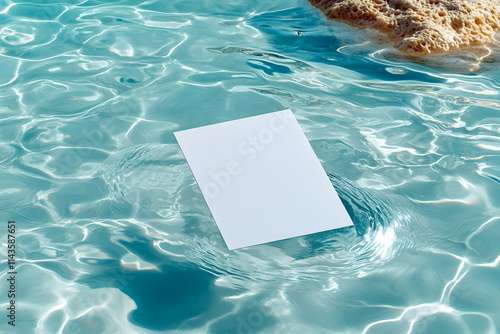 Blank paper mockup floating on turquoise water near rocks; summer vacation brochure design.