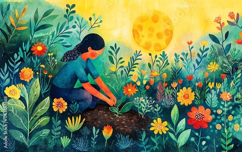 A person planting new plants in a vibrant garden, with rich soil, sunlight, and various flowers and trees creating a calming, naturefilled outdoor scene photo