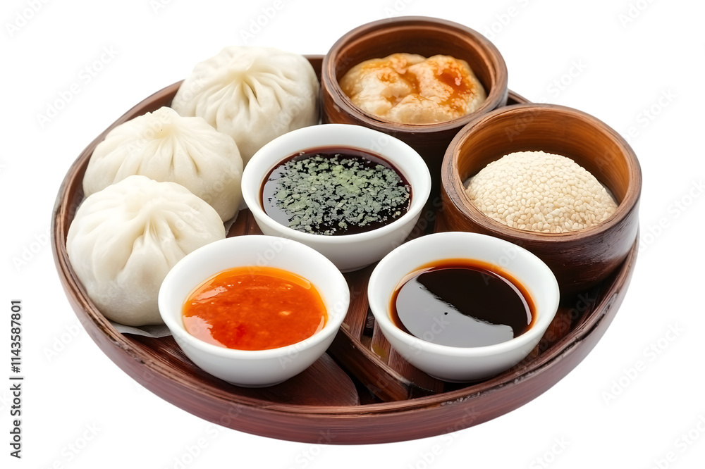 Dim sum platter with dumplings, buns, and sauces isolated on transparent background, cut out, PNG Dim sum platter with dumplings, buns, and sauces isolated on transparent background, cut out, PNG