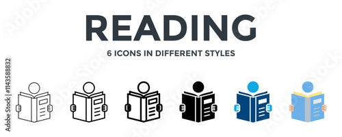 READING icon in different style vector illustration. Designed in thin line, regular line, bold line, glyph, color fill, and flat style can be used for web