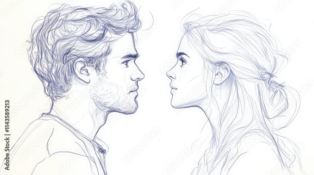 Minimalist one-line drawing of a man and a woman in profile, each looking in opposite directions Minimalist one-line drawing of a man and a woman in profile, each looking in opposite directions