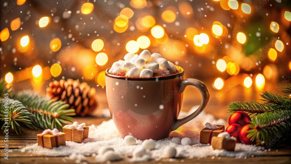 Festive bokeh lights illuminate a cup of hot chocolate topped with marshmallows. Festive bokeh lights illuminate a cup of hot chocolate topped with marshmallows.
