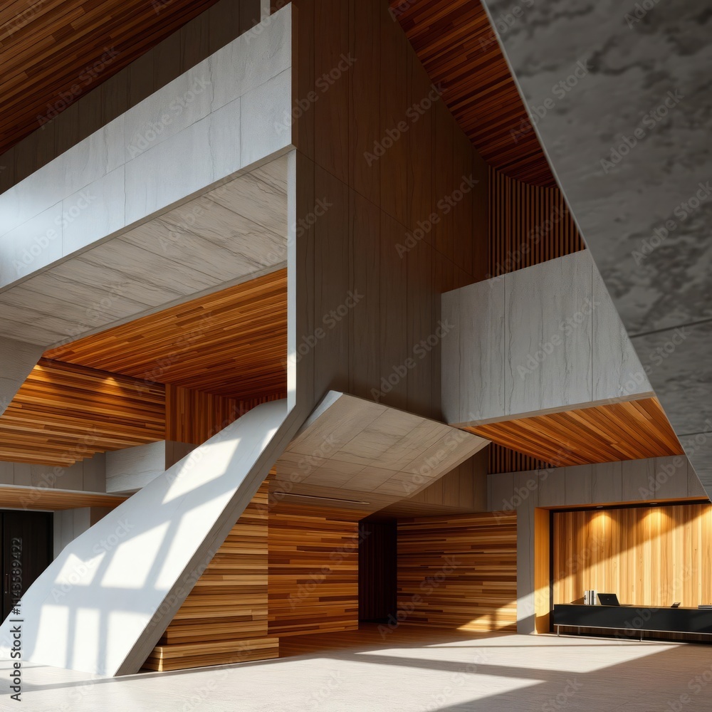 Fototapeta premium A design that combines warm wood elements with concrete walls to create a balance of warmth and strength wood concrete design wood design concrete architecture wall floor modern