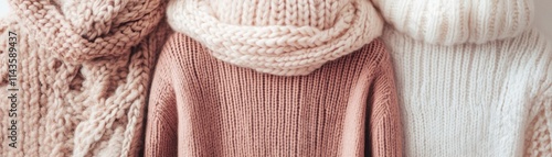 Cozy and Warm Textiles: A Close-Up View of Soft Knitted Sweaters and Scarves in Neutral Tones for Autumn and Winter Fashion Inspiration photo