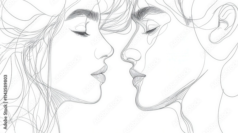Minimalist one-line drawing of a man and a woman in profile, each looking in opposite directions Minimalist one-line drawing of a man and a woman in profile, each looking in opposite directions