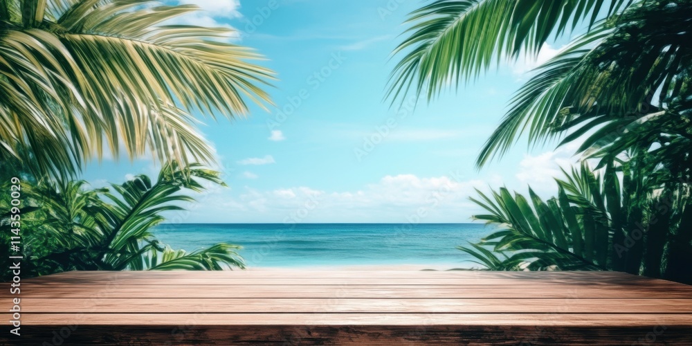 Ideal summer vacation scene featuring a wooden table and beach view. Ideal summer vacation scene featuring a wooden table and beach view.