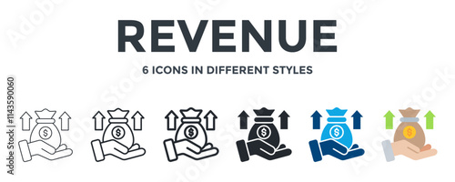 REVENUE icon in different style vector illustration. Designed in thin line, regular line, bold line, glyph, color fill, and flat style can be used for web