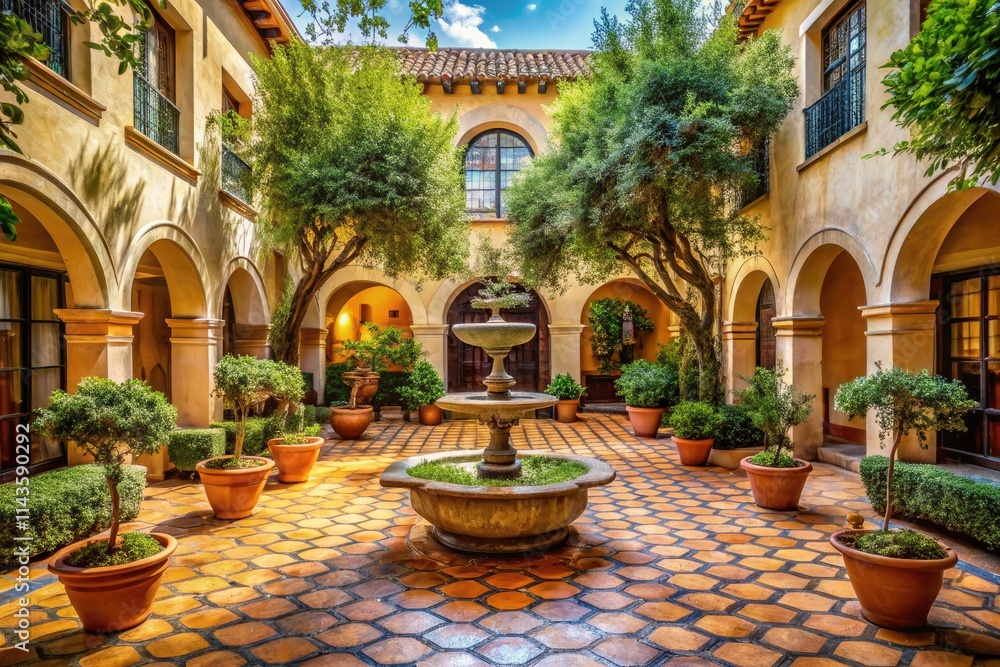 Fototapeta premium Golden sunlight bathes terracotta and olive leaves around a charming courtyard fountain.