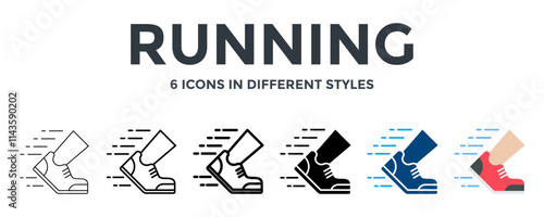 RUNNING icon in different style vector illustration. Designed in thin line, regular line, bold line, glyph, color fill, and flat style can be used for web