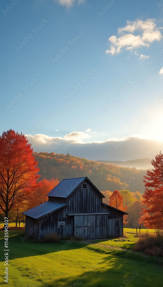 Fototapeta premium “Autumn in Vermont” – A peaceful scene of a Vermont countryside in autumn, with vibrant red, orange, and yellow foliage surrounding a traditional barn under a clear sky. 