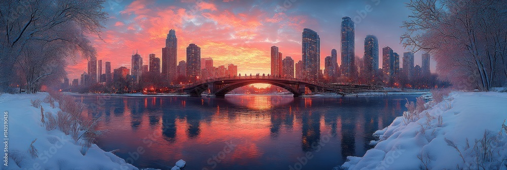 Fototapeta premium Scenic winter cityscape at sunrise with bridge reflection.