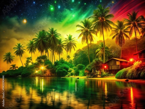 Green, yellow, and red textured background sets a lively, reggae-infused mood.