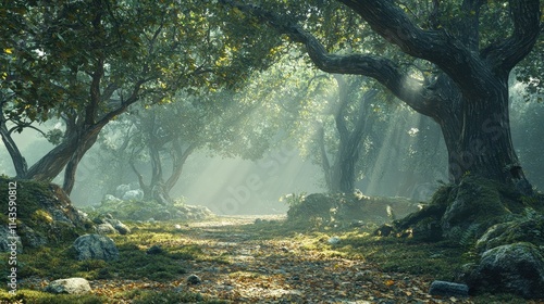 Wallpaper Mural Sunlit Path Through A Misty Green Forest Torontodigital.ca