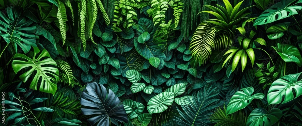 Lush tropical foliage, dense jungle undergrowth, vibrant green leaves, exotic plants, Monstera deliciosa, ferns, philodendron, dark moody atmosphere, rich botanical textures, rainforest flora, deep sh Lush tropical foliage, dense jungle undergrowth, vibrant green leaves, exotic plants, Monstera deliciosa, ferns, philodendron, dark moody atmosphere, rich botanical textures, rainforest flora, deep sh