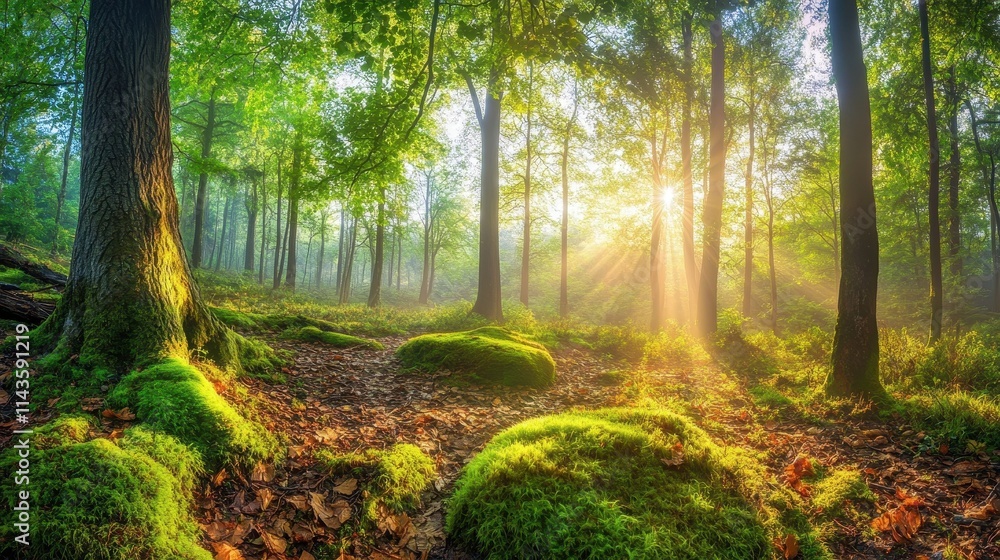 Fototapeta premium Sunlit Forest Path Mossy Trees Peaceful Scene