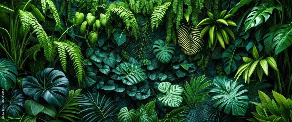Lush tropical foliage, dense jungle undergrowth, vibrant green leaves, exotic plants, Monstera deliciosa, ferns, philodendron, dark moody atmosphere, rich botanical textures, rainforest flora, deep sh Lush tropical foliage, dense jungle undergrowth, vibrant green leaves, exotic plants, Monstera deliciosa, ferns, philodendron, dark moody atmosphere, rich botanical textures, rainforest flora, deep sh