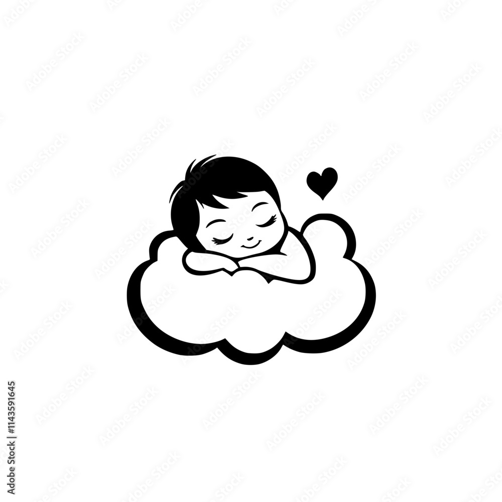 Cute Baby Resting on Cloud Illustration, Adorable minimalist black-and-white illustration of a baby peacefully sleeping on a cloud with a heart symbol below.
Cute Baby Resting on Cloud Illustration, Adorable minimalist black-and-white illustration of a baby peacefully sleeping on a cloud with a heart symbol below.