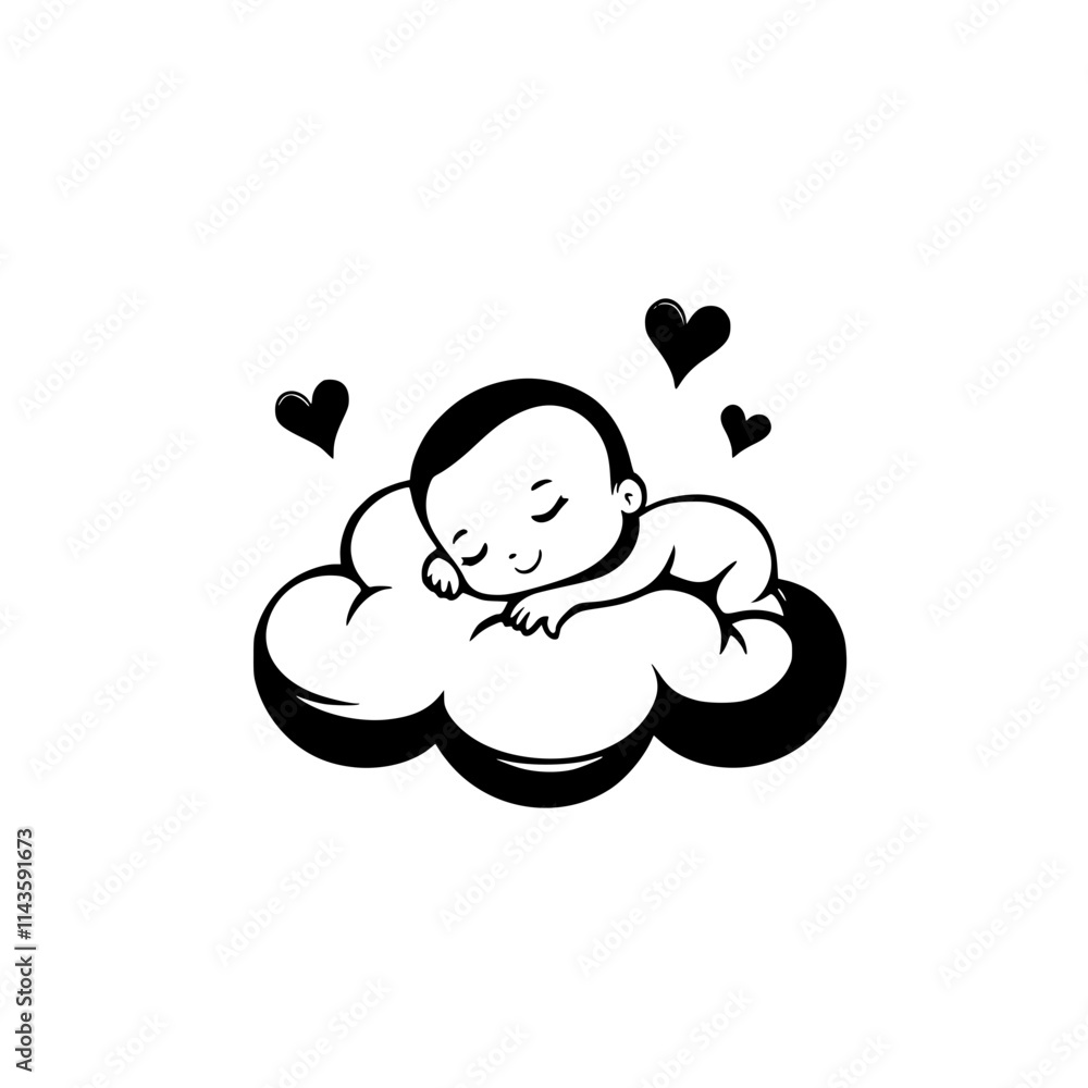 Cute Baby Resting on Cloud Illustration, Adorable minimalist black-and-white illustration of a baby peacefully sleeping on a cloud with a heart symbol below.
Cute Baby Resting on Cloud Illustration, Adorable minimalist black-and-white illustration of a baby peacefully sleeping on a cloud with a heart symbol below.