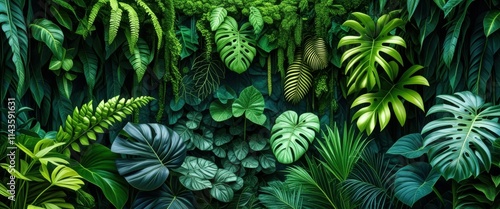 Lush tropical foliage, dense jungle undergrowth, vibrant green leaves, exotic plants, Monstera deliciosa, ferns, philodendron, dark moody atmosphere, rich botanical textures, rainforest flora, deep sh