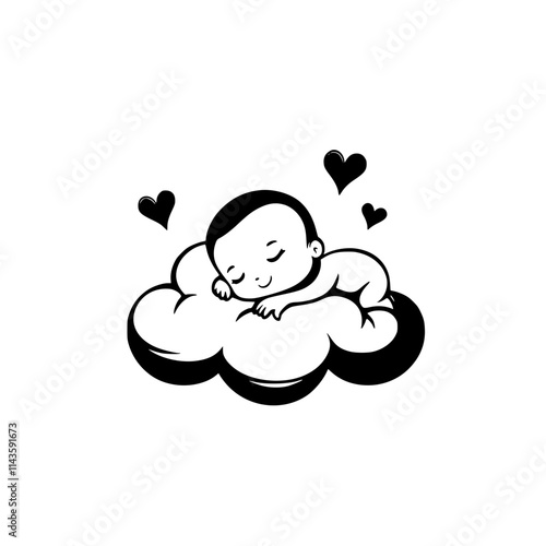 Cute Baby Resting on Cloud Illustration, Adorable minimalist black-and-white illustration of a baby peacefully sleeping on a cloud with a heart symbol below.

