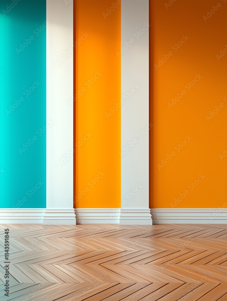 A vibrant interior featuring teal and orange walls with white trim, complemented by a wooden herringbone floor, creating a modern and inviting atmosphere.